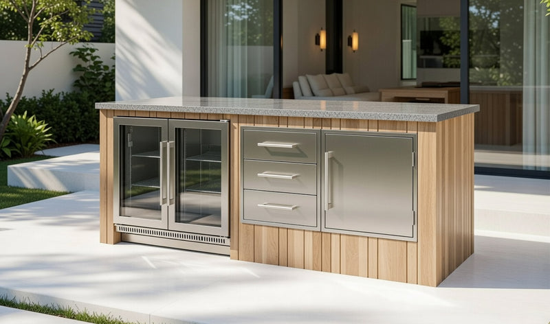 The Alpha Forge Outdoor Kitchen Bar and Fridge Unit | 220cm x 100cm Light Oak Cladding