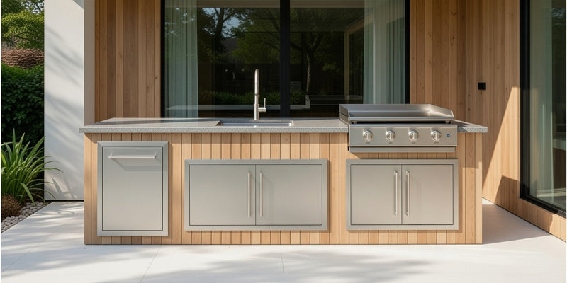 The Alpha Forge Outdoor Kitchen Plancha Grill and Sink Station | 273cm x 60cm Light Oak Cladding
