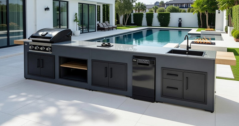 Grillandia Outdoor Kitchen GrandPro 4 Burner Gas BBQ, Fridge, and Sink | 4.4M