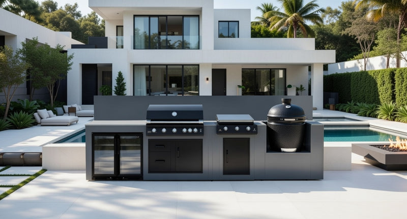 Grillandia Outdoor Kitchen with Brabura BBQ, Plancha, Kamado Grill, & Back Wall - 5m