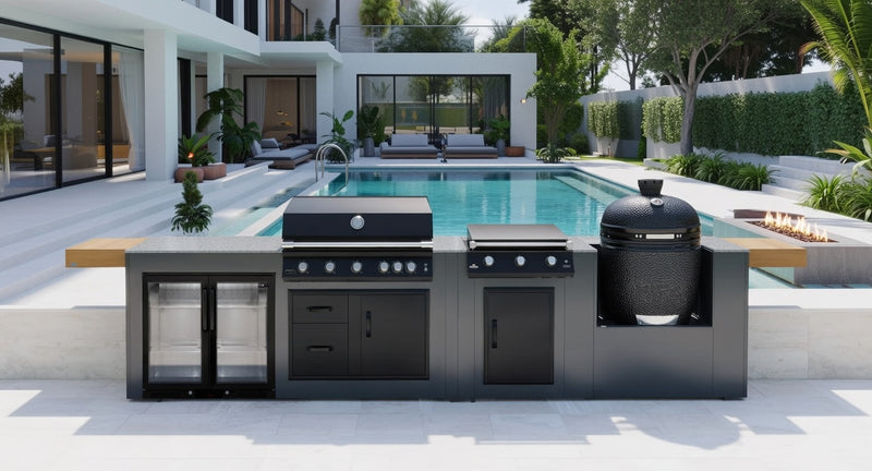 Grillandia Outdoor Kitchen with Brabura BBQ, Plancha, Kamado Grill, & Back Wall - 5m