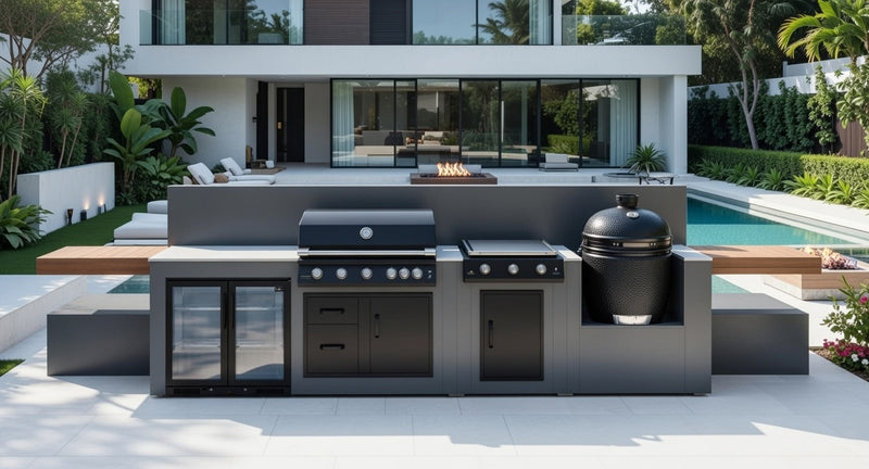 Grillandia Outdoor Kitchen with Brabura BBQ, Plancha, Kamado Grill, & Back Wall - 5m