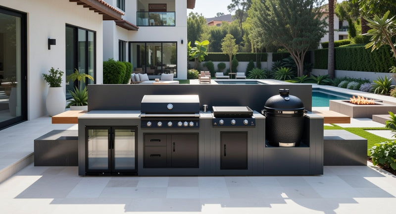 Grillandia Outdoor Kitchen with Brabura BBQ, Plancha, Kamado Grill, & Back Wall - 5m