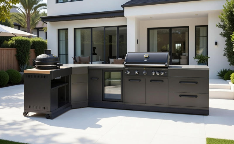 GRLLR Outdoor Kitchen L Shap Sink 5 Burner Fridge and kamado Double Drawer| Full length 4M x 1.7
