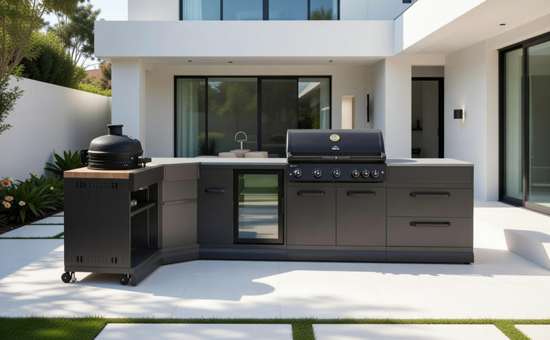 GRLLR Outdoor Kitchen L Shap Sink 5 Burner Fridge and kamado Double Drawer| Full length 4M x 1.7