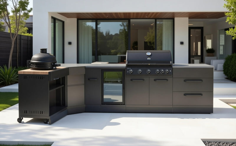 GRLLR Outdoor Kitchen L Shap Sink 5 Burner Fridge and kamado Double Drawer| Full length 4M x 1.7