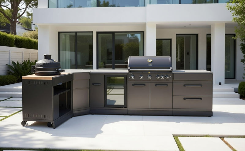 GRLLR Outdoor Kitchen L Shap Sink 5 Burner Fridge and kamado Double Drawer| Full length 4M x 1.7