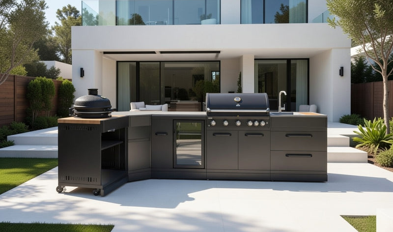 GRLLR Outdoor Kitchen L Shap Sink 5 Burner Fridge and kamado | Full length 4M x 1.7