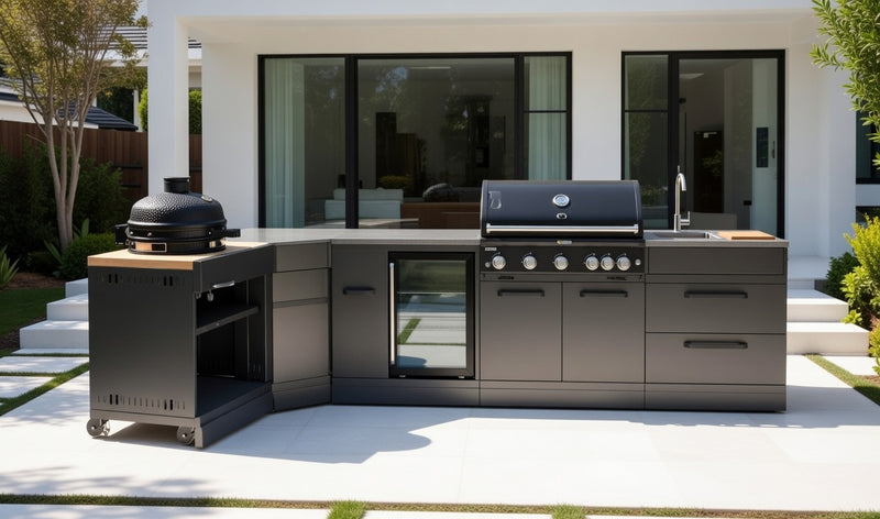 GRLLR Outdoor Kitchen L Shap Sink 5 Burner Fridge and kamado | Full length 4M x 1.7