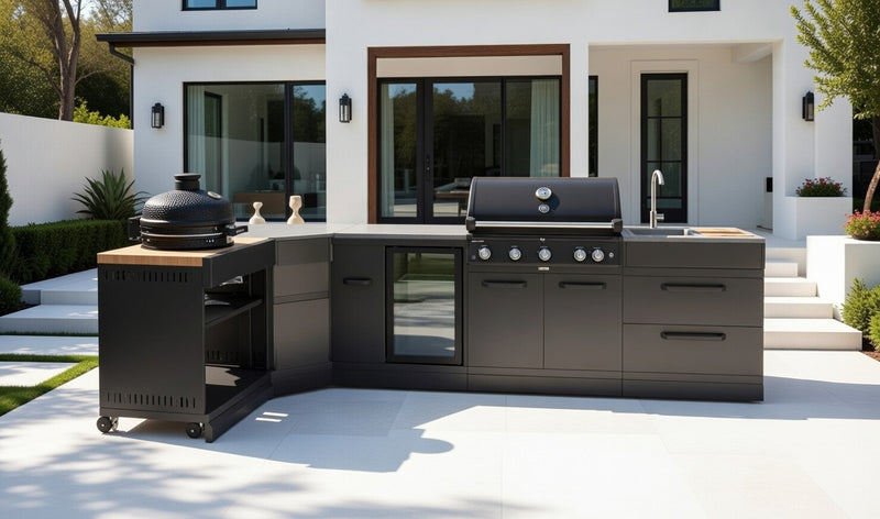 GRLLR Outdoor Kitchen L Shap Sink 5 Burner Fridge and kamado | Full length 4M x 1.7