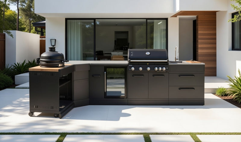 GRLLR Outdoor Kitchen L Shap Sink 5 Burner Fridge and kamado | Full length 4M x 1.7