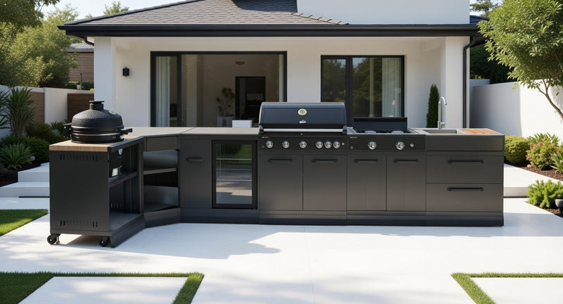 GRLLR Outdoor Kitchen L Shape, Sink, 5 Burner, Stove Fridge and kamado | Full length 4.2M x 1.7
