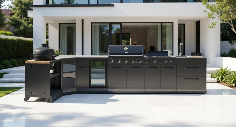 GRLLR Outdoor Kitchen L Shape, Sink, 5 Burner, Stove Fridge and kamado | Full length 4.2M x 1.7