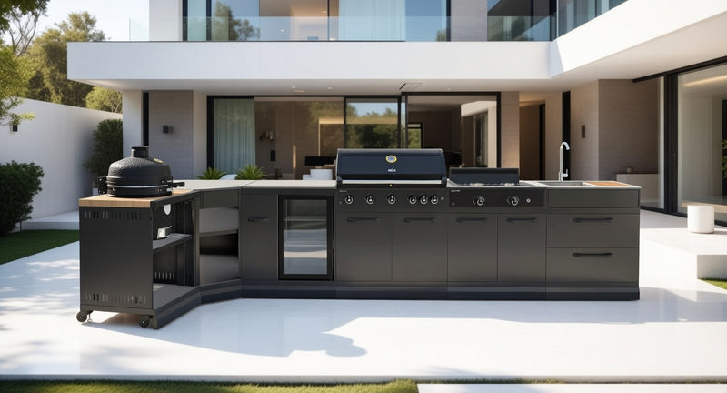 GRLLR Outdoor Kitchen L Shape, Sink, 5 Burner, Stove Fridge and kamado | Full length 4.2M x 1.7