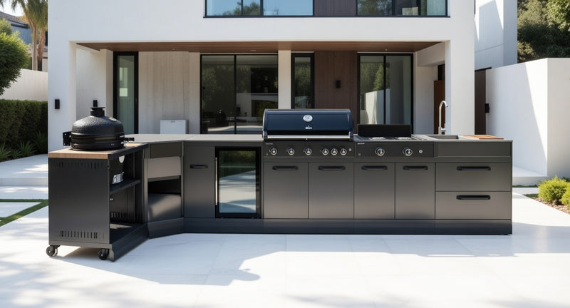 GRLLR Outdoor Kitchen L Shape, Sink, 5 Burner, Stove Fridge and kamado | Full length 4.2M x 1.7