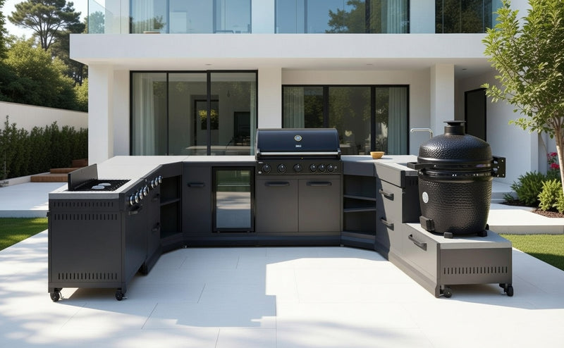 GRLLR Outdoor Kitchen U Shap Sink 5 Burner Fridge and kamado