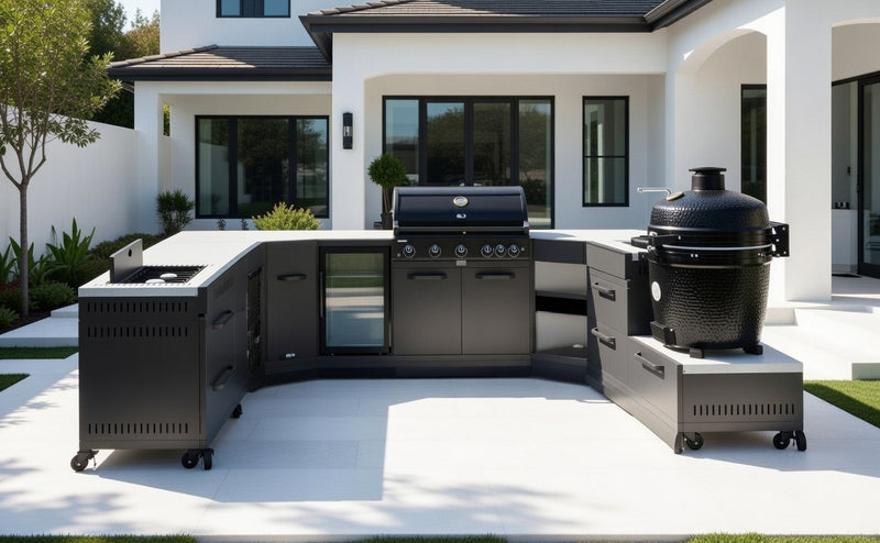 GRLLR Outdoor Kitchen U Shap Sink 5 Burner Fridge and kamado