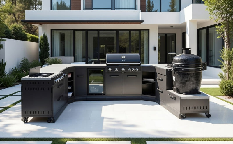 GRLLR Outdoor Kitchen U Shap Sink 5 Burner Fridge and kamado