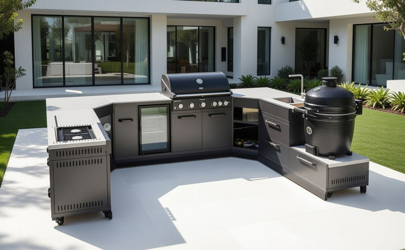 GRLLR Outdoor Kitchen U Shap Sink 5 Burner Fridge and kamado