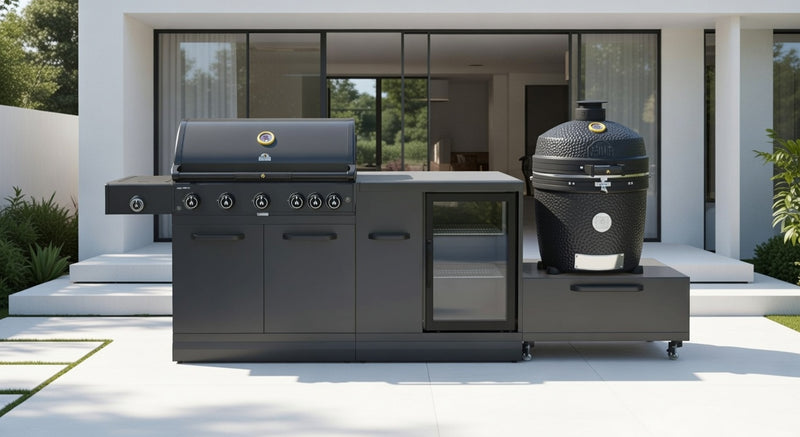 GRLLR Outdoor Kitchen 5 Burner BBQ, Fridge and kamado | Full length 2.9M