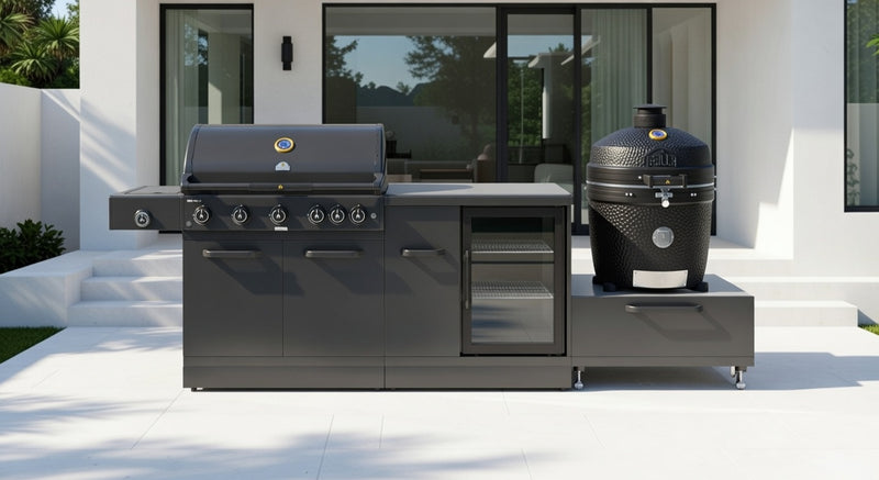 GRLLR Outdoor Kitchen 5 Burner BBQ, Fridge and kamado | Full length 2.9M