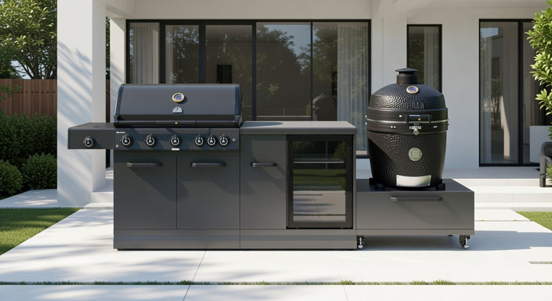 GRLLR Outdoor Kitchen 5 Burner BBQ, Fridge and kamado | Full length 2.9M