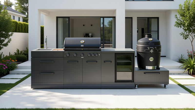 GRLLR Outdoor Kitchen 5 Burner BBQ, Fridge,Sink and kamado | Full length 3.5M