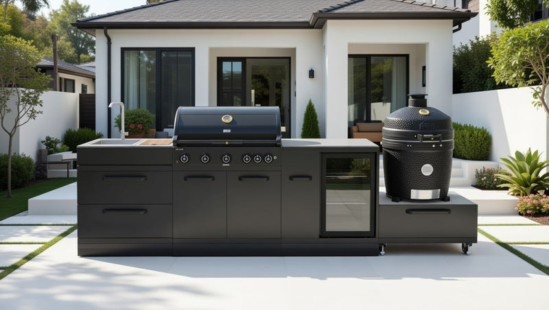 GRLLR Outdoor Kitchen 5 Burner BBQ, Fridge,Sink and kamado | Full length 3.5M