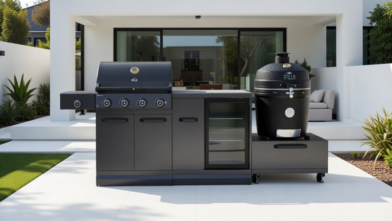 GRLLR Outdoor Kitchen 4 Burner BBQ, Fridge and kamado | Full length 2.6M
