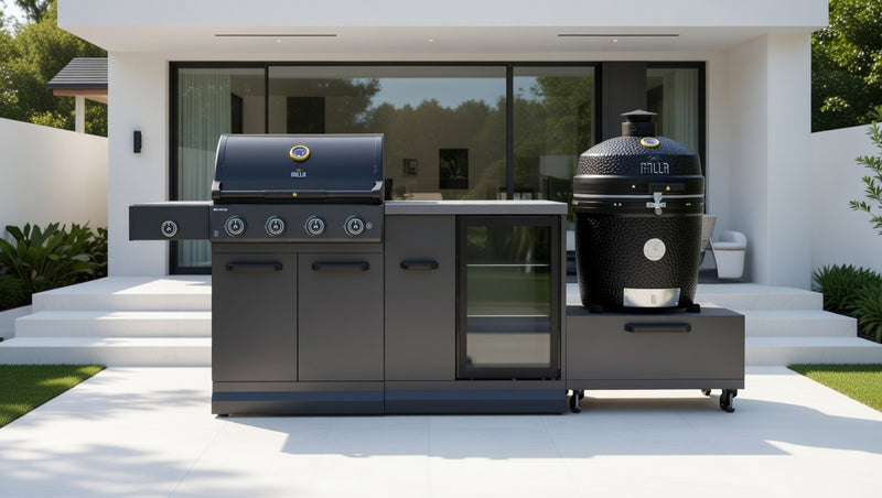 GRLLR Outdoor Kitchen 4 Burner BBQ, Fridge and kamado | Full length 2.6M
