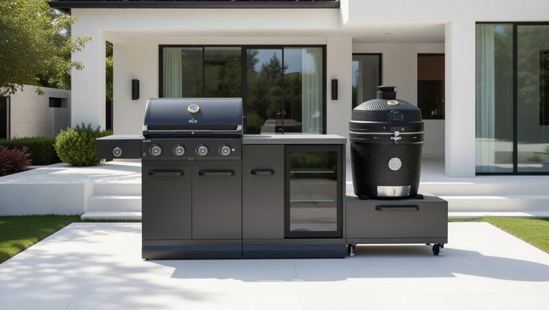 GRLLR Outdoor Kitchen 4 Burner BBQ, Fridge and kamado | Full length 2.6M
