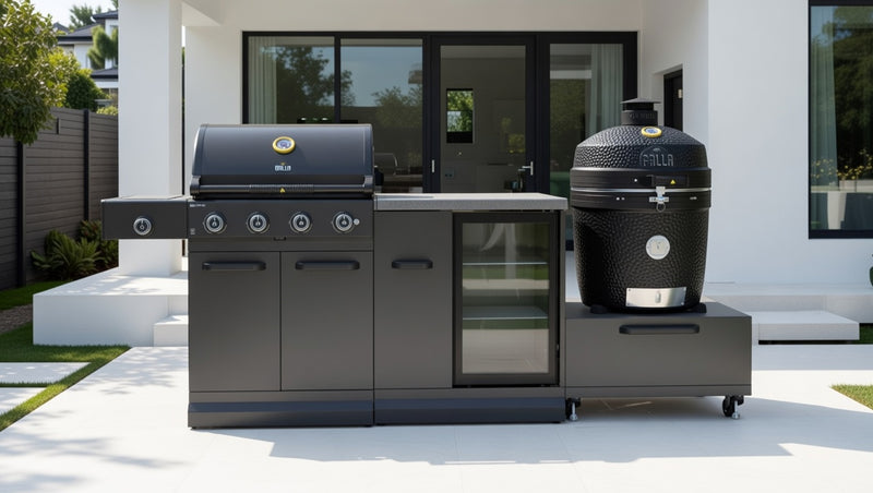 GRLLR Outdoor Kitchen 4 Burner BBQ, Fridge and kamado | Full length 2.6M