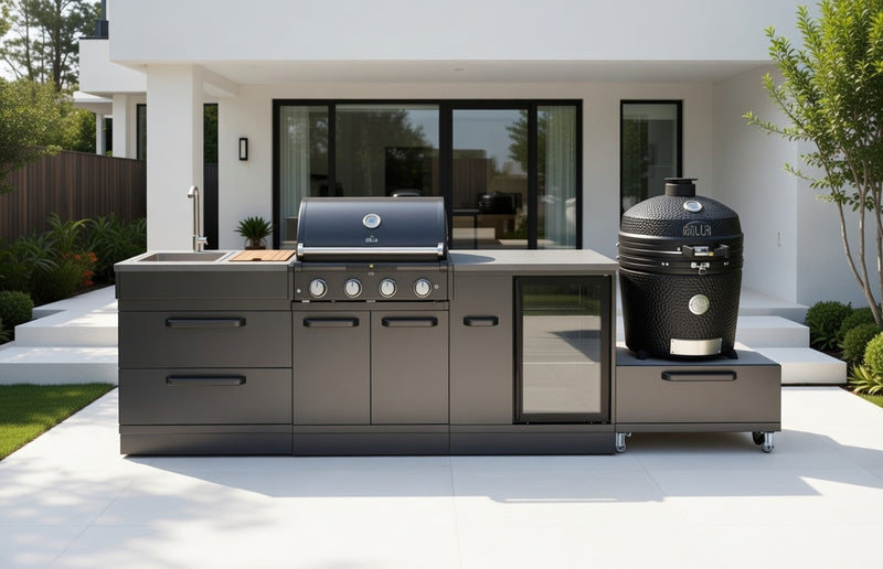 GRLLR Outdoor Kitchen 4 Burner BBQ, Fridge,Sink and kamado | Full length 3.1M