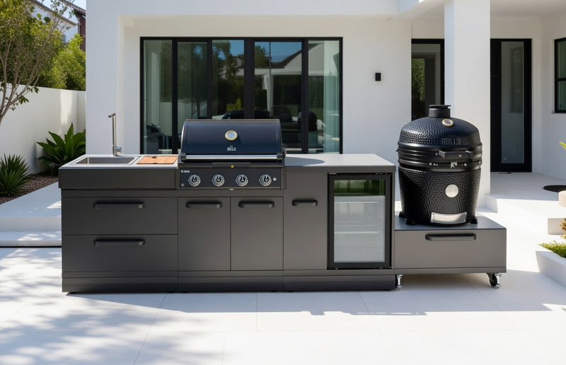 GRLLR Outdoor Kitchen 4 Burner BBQ, Fridge,Sink and kamado | Full length 3.1M