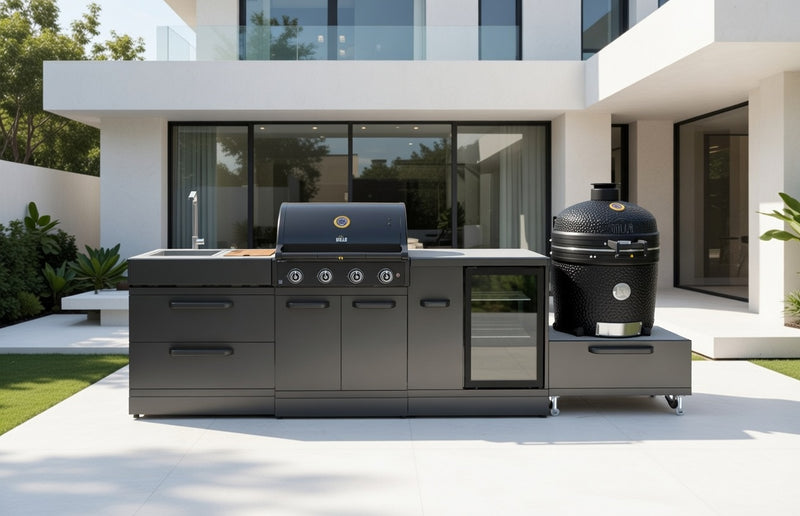GRLLR Outdoor Kitchen 4 Burner BBQ, Fridge,Sink and kamado | Full length 3.1M