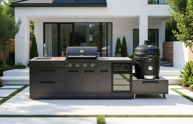 GRLLR Outdoor Kitchen 4 Burner BBQ, Fridge,Sink and kamado | Full length 3.1M