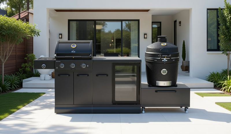 GRLLR Outdoor Kitchen 3 Burner BBQ, Fridge and kamado | Full length 2.7M