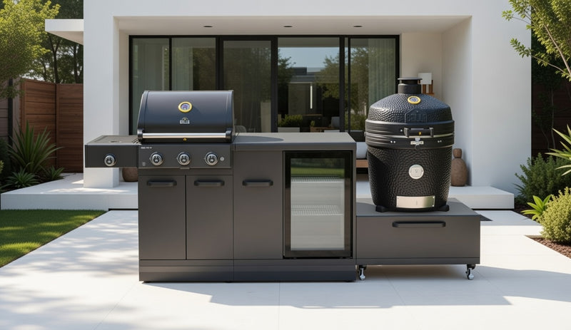GRLLR Outdoor Kitchen 3 Burner BBQ, Fridge and kamado | Full length 2.7M