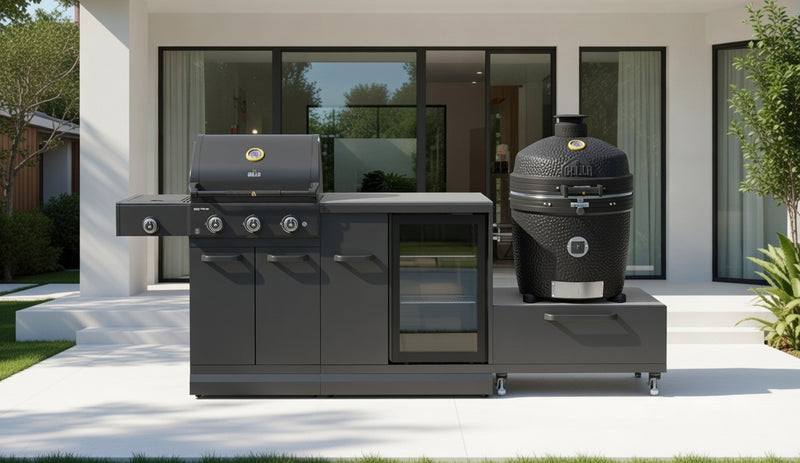 GRLLR Outdoor Kitchen 3 Burner BBQ, Fridge and kamado | Full length 2.7M