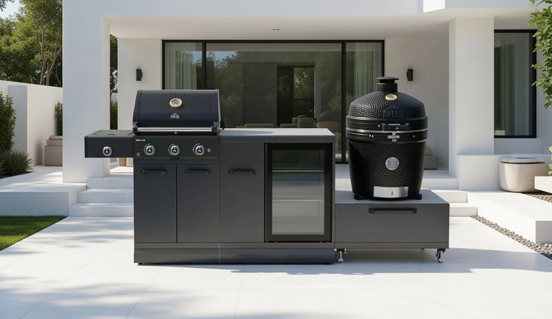 GRLLR Outdoor Kitchen 3 Burner BBQ, Fridge and kamado | Full length 2.7M