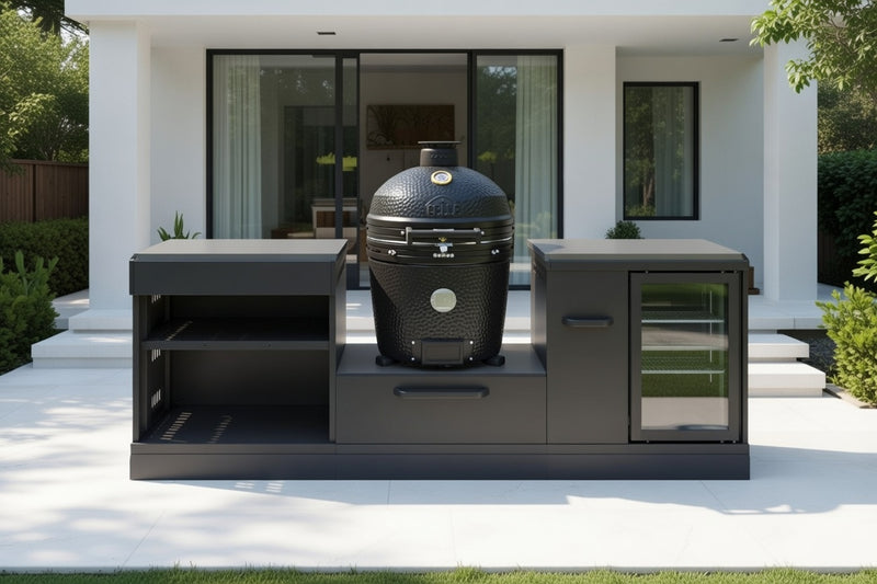 GRLLR Outdoor Kitchen Sink Open Shelve, Kamado and Fridge | Full length 2.4M