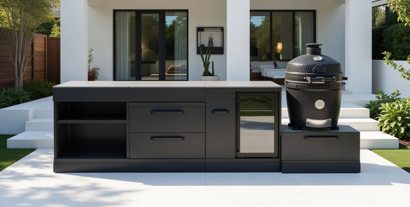 GRLLR Outdoor Kitchen Island Open shelves and Fridge and Kamado | Full length 3.2M