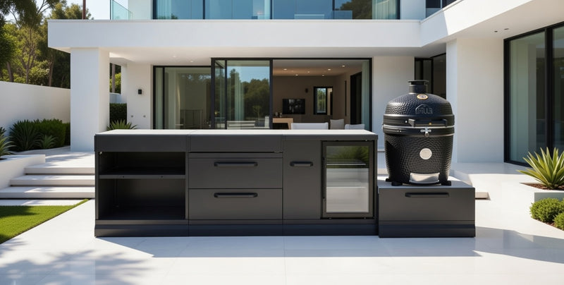 GRLLR Outdoor Kitchen Island Open shelves and Fridge and Kamado | Full length 3.2M