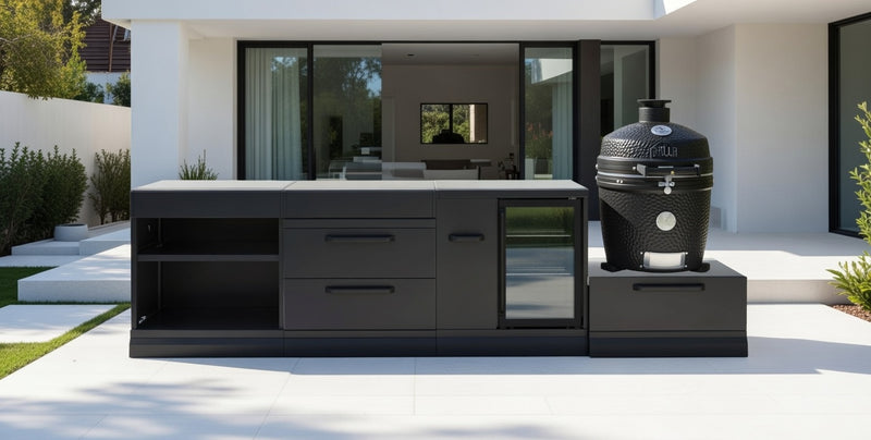 GRLLR Outdoor Kitchen Island Open shelves and Fridge and Kamado | Full length 3.2M