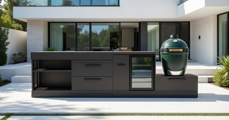 GRLLR Outdoor Kitchen Island Open shelves and Fridge and Green egg | Full length 3.2M