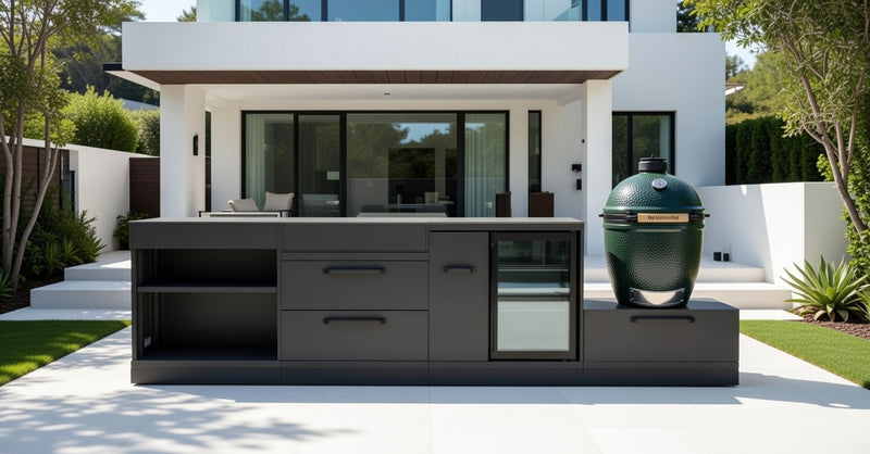 GRLLR Outdoor Kitchen Island Open shelves and Fridge and Green egg | Full length 3.2M