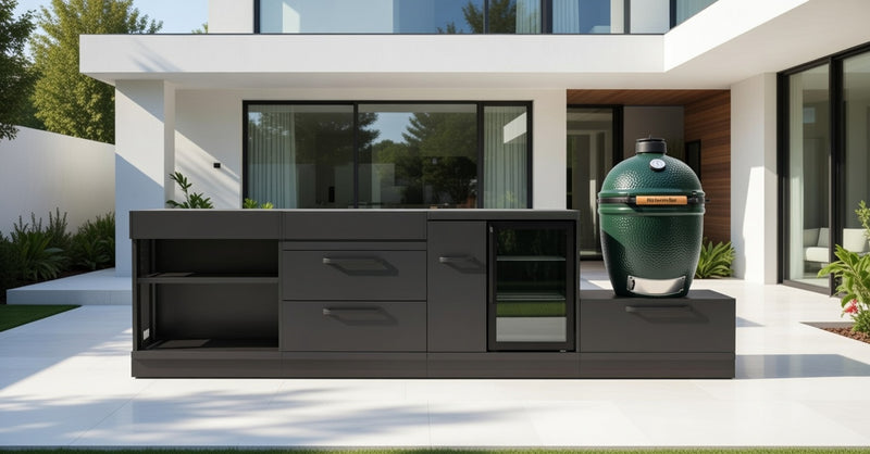 GRLLR Outdoor Kitchen Island Open shelves and Fridge and Green egg | Full length 3.2M