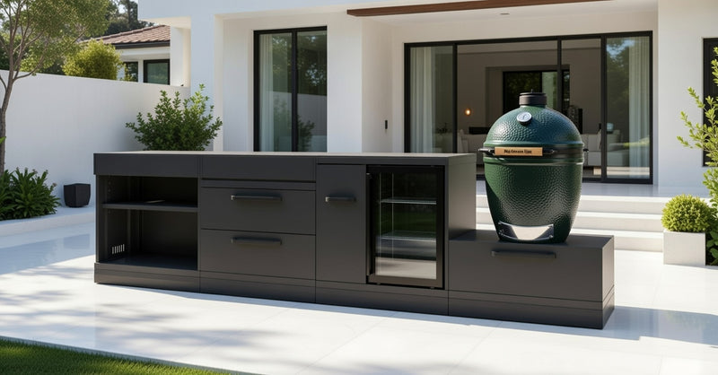 GRLLR Outdoor Kitchen Island Open shelves and Fridge and Green egg | Full length 3.2M