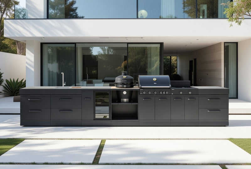 GRLLR Outdoor Kitchen 5 Burner BBQ, Stove unit,Fridge, Sink and Kamado 2D | Full length 5.7M