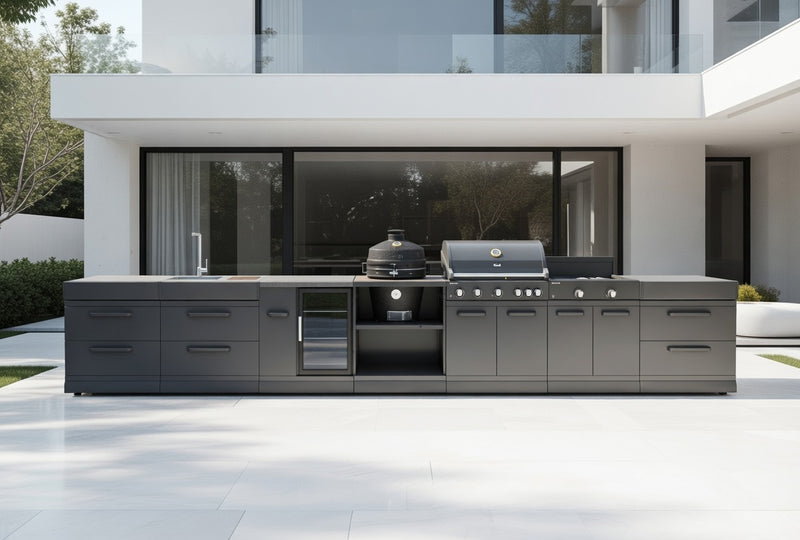 GRLLR Outdoor Kitchen 5 Burner BBQ, Stove unit,Fridge, Sink and Kamado 2D | Full length 5.7M